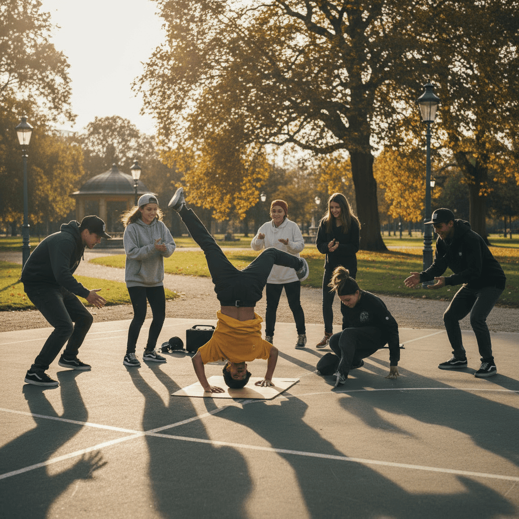 Jugendliche draußen im Park am Breakdancen
